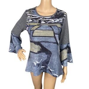 CARINE Art To Wear Artsy Abstract Landscape Bell Sleeve Knit Top SZ S